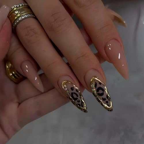 Image of Leopard Print Press on Nails Medium Almond Fake Nails Nude False Nail with Gold Line Design Glossy Full Cover Glue on Nails Artificial Acrylic Stick on Nail for Women Manicure 24Pcs