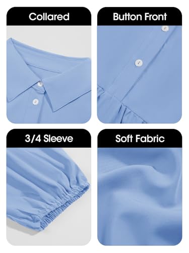 Image of Wenrine Womens Casual 3 /4 Sleeve Shirt Dress Button Down V Neck Tiered Collared Flowy Maxi Dress