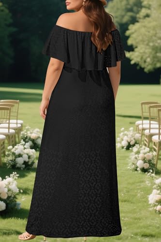 Image of Pinup Fashion Women Plus Size Summer Dresses - Off The Shoulder Wedding Guest Eyelet Casual Maxi Dress Pockets
