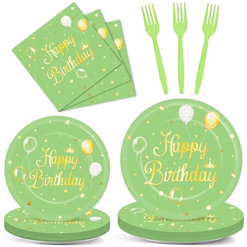 Image of Qyeahkj 100 Pcs Sage Green Birthday Party Supplies Olive Green Gold Paper Plates Napkins Forks Tableware Set Disposable Greenery Happy Birthday Party Decorations for Women Men Girls Favors Serve 25
