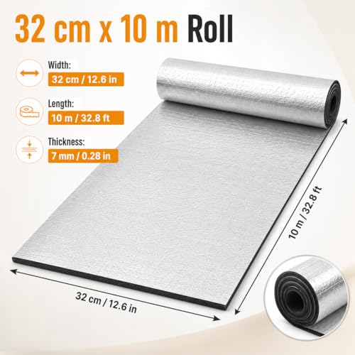 FWEEK Dämmmatte Selbstklebend 7mm, Alu Isolierfolie 32cm x 10m, Kautschuk Dämmplatte zur Wärmedämmung für Wand, Boden, Dachboden, Heizkörper, Keller und Wohnmobil