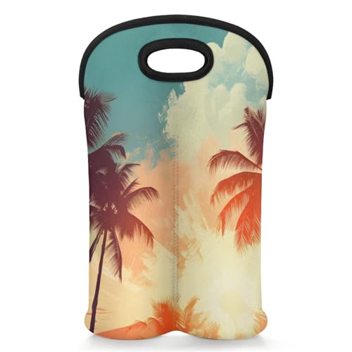 GzLeyigou 2 Bottles Coconut Tree Beach Wine Bag Sleeve Totes Neoprene Protective Wine Carrier Bag for Wine,Water, Champagne, Beer, Baby Bottles,Gift 14.5 x 10 Inches