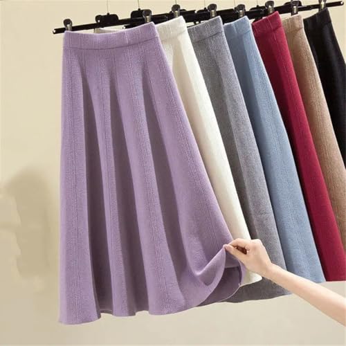 Women's Knit Sweater Skirt Mid-Length High Waist, Autumn Winter Solid Color Striped Big Swing Casual Skirt2