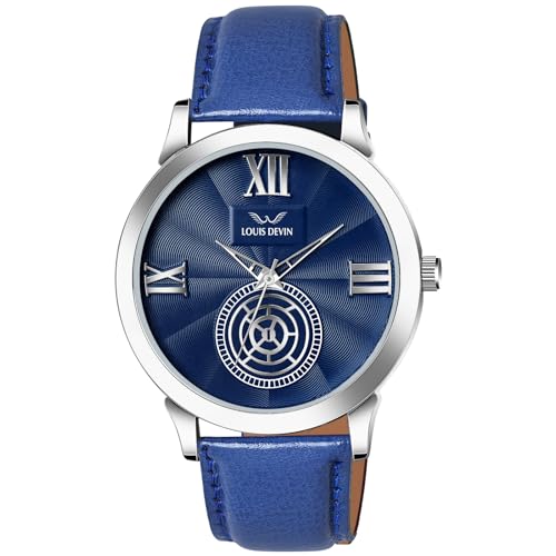 Image of LOUIS DEVIN Black /Blue /Brown /Green Leather Strap Analog Wrist Watch for Men (Black /Blue /Brown /Green /White Dial) | LD-GR079
