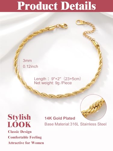 Image of FOCALOOK 14K Gold Plated Anklets for Women Waterproof Plus Size Ankle Bracelet 8.5-10.5 Inch Adjustable Mariner /Figaro /Flat Snake /Cuban Link Chain Anklet Jewelry for Summer Beach Holiday