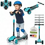 JUSKYS® Kinderroller Lumox Blau - LED-Rollen mit 4-Farb-Blinkeinstellung, höhenverstellbarer Kinderscooter, klappbar & Hinterradbremse, Dreiradscooter