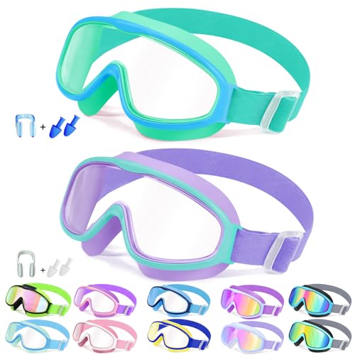 2 Pack Kids Swim Goggles for 3-14, Fabric Strap Wide View Anti Fog& UV