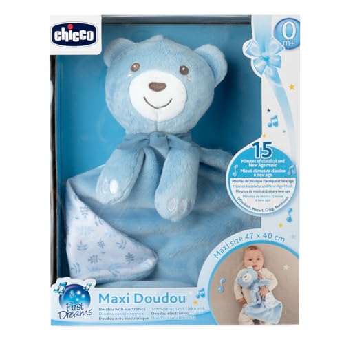 Chicco Maxi Doudou, Peluche en Velours Doux en Forme d'ours, avec Musique Classique et New Age, Peluche Nouveau-né, Doux à Câliner, Lavable en Machine, Jouet Nouveau-né 0+ Mois, Bleu