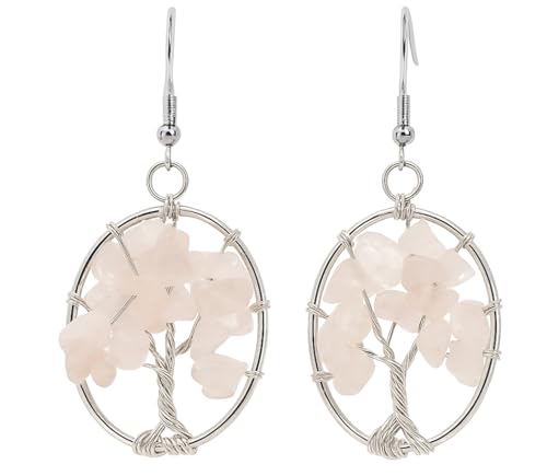Orecchini pendenti Albero della Vita con quarzo rosa, ottone argentato