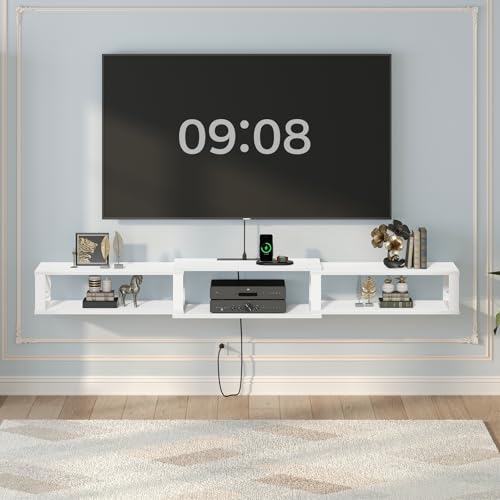 MAHANCRIS 68.5" Floating TV Stand with Power Outlet, Wall-Mounted Entertainment Center for 75+ inch TVs, Floating Media Console Shelf for Under TV Storage, for Living Room, Bedroom, White TVWT103E01