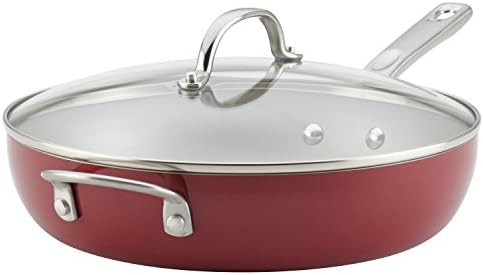 Ayesha Curry Home Collection Porcelain Enamel Nonstick Covered Deep Skillet With Helper Handle, 12 Inch Frying Pan with Glass Lid, Sienna Red