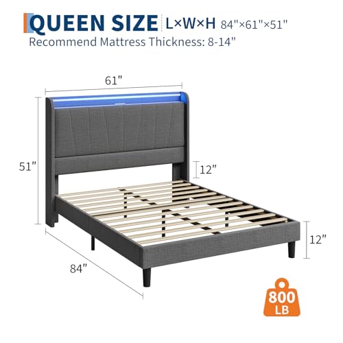 SLEKVERSA Queen Size Bed Frame with LED Lights and Charging Station, Fabric Upholstered Platform Queen Bed Frame with Headboard, No Box Spring Needed Bedframe, Noise Free, Easy Assembly, Gray