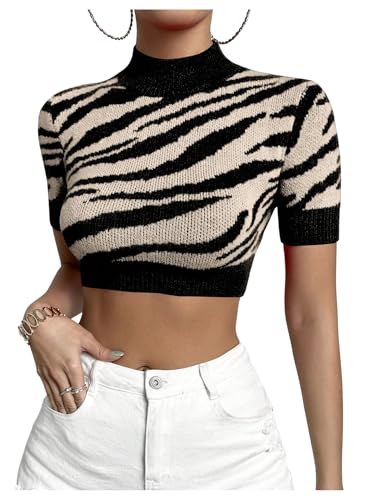 WDIRARA Women's Zebra Pattern Mock Neck Sweater Short Sleeve Pullover Knit Crop Top