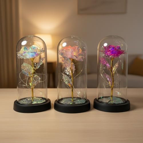 YUEANDCUN 金箔バラ ガラスドーム LEDライト付き, ホログラフィック, ガラス製, 21×11×11cm, インテリア装飾, ギフト 室内装飾 縁起の良い意味 置物 新年の飾り物 幸運 贈り物 工芸品 開運グッズ 装飾彫刻 (22,ガラスドーム) [5]