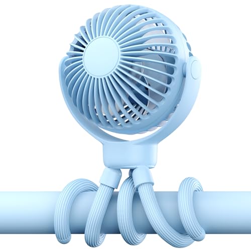 Image of VETIFINAL Portable Baby Stroller Fan - 3-Speed Flexible Tripod Personal Fan Clip on for Bed, Rechargeable Battery Powered, Newborn Summer Cooling Essentials for Car Seat, Bike, Sleep, Travel (Blue)