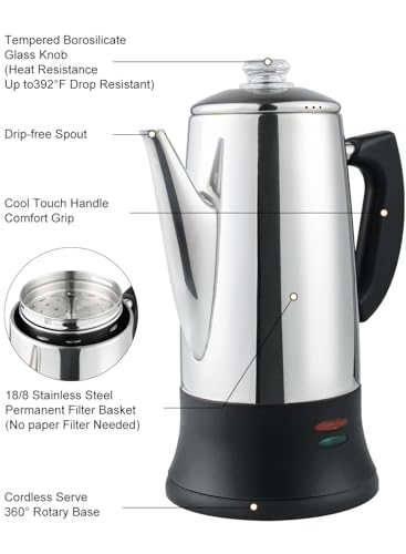 Apoxcon WEP1800-2 12 Cup Electric Coffee Percolator With Etl Approval Stainless Steel Coffee Maker With Heat Resistant Glass Knob Classic Look Cord-Less Server Coffee Pot thumb #2