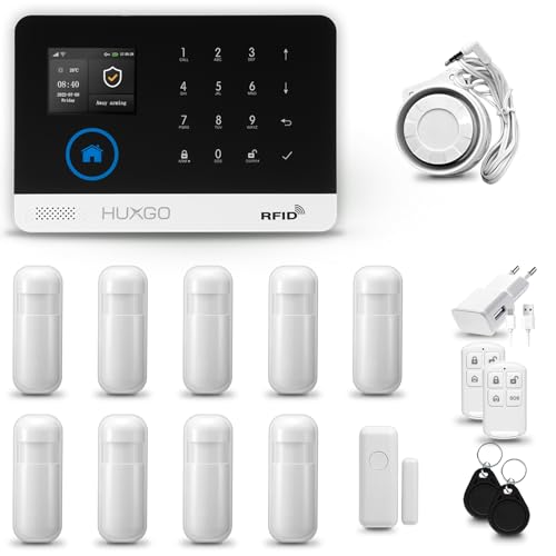 HUXGO® HXA003 Alarmanlage Haus WiFi + GSM 4G mit Sirene | Tuya Smartlife App | Alarm System mit Drahtloser Fenstersensor, 9X Bewegungsmelder | Alarmanlage für Wohnung, Garage