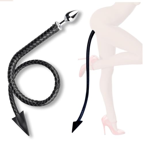 Anal Plug with 108cm Devil Tail 3.5cm Stainless Steel Butt Plug with PU Leather Whip Tail 2 in 1 Sexy Buttplug Tail Sex Toys Flirt for Women Men Adult Couples Play