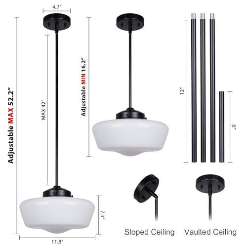 Schoolhouse Pendant Light Fixture, 12" Black Hanging Light with Opal Milk Glass Shade, Adjustable Farmhouse Globe Pendant Light for Kitchen Island, Dining Room, Hallway, Entryway, Laundry, Bedroom by Rosient - Used condition - Image 3
