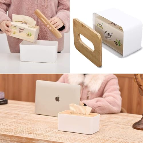 Image of HOKIPO Bamboo Cover Plastic Tissue Box Holder | Tissue Paper Holder Box Case | Tissue Holder Dispenser Organizer for Car Decor Home, 16.5x13x9 cm (AR-5292)