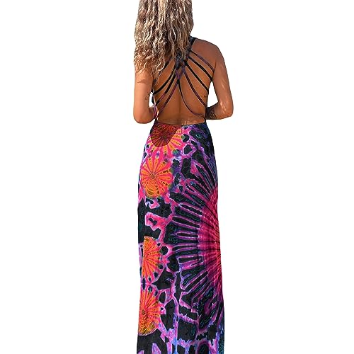 Image of Women Sexy Backless Maxi Dress Y2k Tie-Dye Print U-Neck Sleeveless Fashion Cross Backless Party Dress