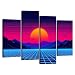 Canvas Wall Art Prints Pictures Neon Sunset Mountain Landscape Retro Grid Framed Posters Modern Wall Painting Artwork Gift Home Decor for Living Room Ready to Hang 4 Panel