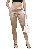 Yehopere Women's Tapered Satin Pants Elastic Waist Business Work Casual Ankle Cropped Shiny Pants with Pockets Gold