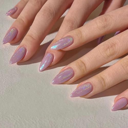 Purple Chrome Cat Eye False Nails Almond, SXVME Glitter Press on Nails Medium Almond, Sparkly Glass Full Cover Stiletto Fake Nails for Women Daily Wear, 24 Pcs