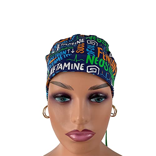 Turn Up Ponytail Medical Scrub Cap – Anesthesia Meds Scribbles - for Women - Dr. Hats, Nurses Hats Multicolor