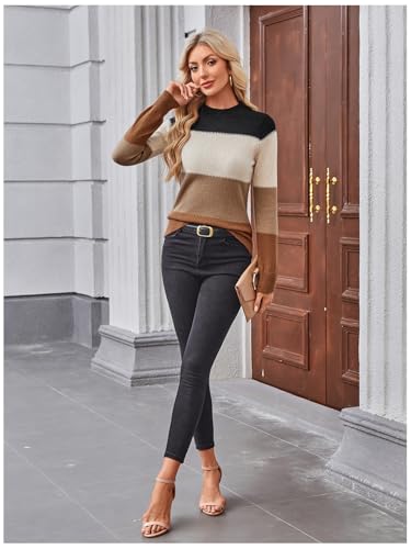 Image of WDIRARA Women's Color Block Sweaters Long Sleeve Mock Neck Tops Loose Knitted Pullover Sweater