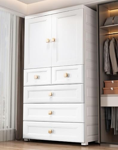 Owme Collapsible Plastic Wardrobe for Unisex | 5-Tier Multi-Layer Storage Cabinet with Doors & Drawers | Portable Clothes Organizer for Bedroom, Kids Room, Nursery, Home Closet - White