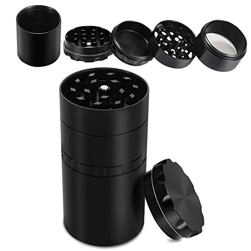 Herb Grinder with Pollen Catcher Large Grinder Upgraded Addition Big Storage Room 2 Inch 5 Piece Grinder Sharp Blade Teeth Aluminum Alloy Magnetic Top,Metal Black