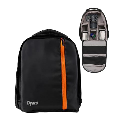 Image of Dyazo Water Resistant Camera Backpack with Extra Front Pocket Photographers Bag with Rain Cover Tripod Holder Compatible for Sony Nikon Canon Panasonic DSLR (Black & Orange)