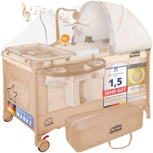 all Kids United® Baby Reisebett mit Matratze - 3-in-1 Reise-Kinderbett | Leichtes Babybett Deluxe mit Kaltschaum-Matratze, Wickelauflage & Moskitonetz – Reisegitterbett bis 15 kg,