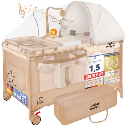 all Kids United® Lit de Voyage pour Bébé - Babycenter Lit de Voyage pour Enfant avec Matelas, Matelas à Langer, Jeu Musical et Mobile (Beige)