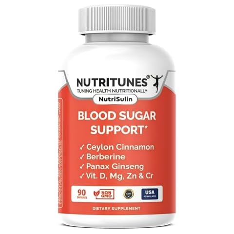Nutritunes Supports Healthy Blood Sugar Levels Within Normal Range with Ceylon Cinnamon, Berberine, Panax Ginseng, Crominex 3, Vitamin D, Magnesium, and Zinc – 90 Capsules Cover