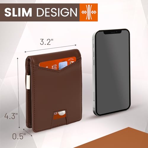 PUPTILY Slim Wallet for Men, Slim & Stylish RFID Blocking Wallet with Money Clip & Easy-Grab Card Slot, Compact Bifold Minimalist Wallet for Front Pocket, Travel & Daily Use - Brown