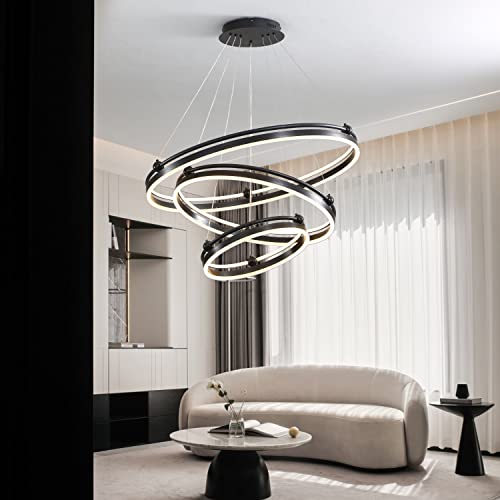 3-Rings D31.5’’ Modern Led Chandelier Black Dimmable Pendant Lighting With Remote Control Circular Flush Mount High Ceiling Light For Living Dining Room Bedroom Foyer, 3000K-6500K Cct Changing #TOP6