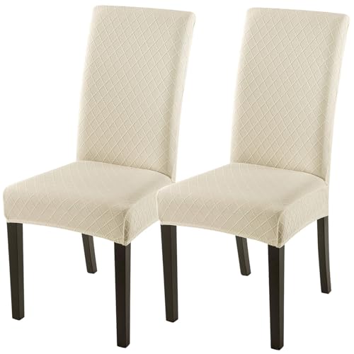 Image of SearchI Dining Room Chair Covers Set of 2, Stretch Jacquard Parsons Chair Slipcovers Super Fit Removable Washable Kitchen Chair Protector Cover for Dining Room, Hotel, Ceremony (Beige Rhombus)