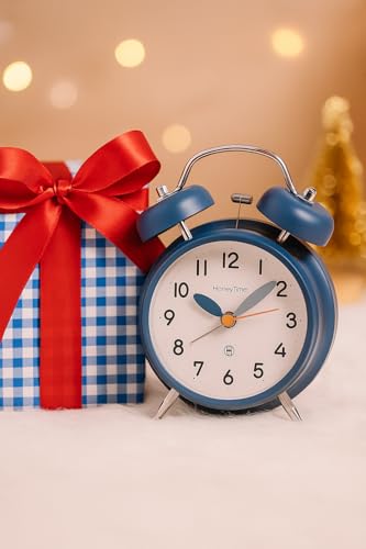 Image of RUCON Table Analog Clock Alarm Super Loud for Heavy Sleepers Retro Twin Bell Metal Frame Clock with Night Backlight Function Bedside Luminous Alarm for Bedroom /Office (Dark Blue)