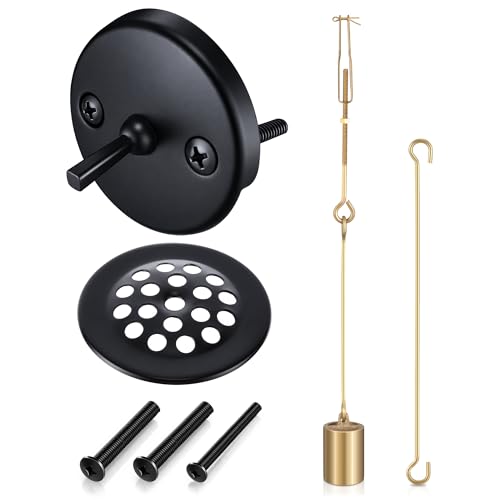Enhon Universal Bath Tub Drain Linkage Assembly with Trip Lever and Strainer Done Cove Bathtub Drain Kit Fit for Trip Lever Bath Tub Waste and Overflow Draining(Matte Black)