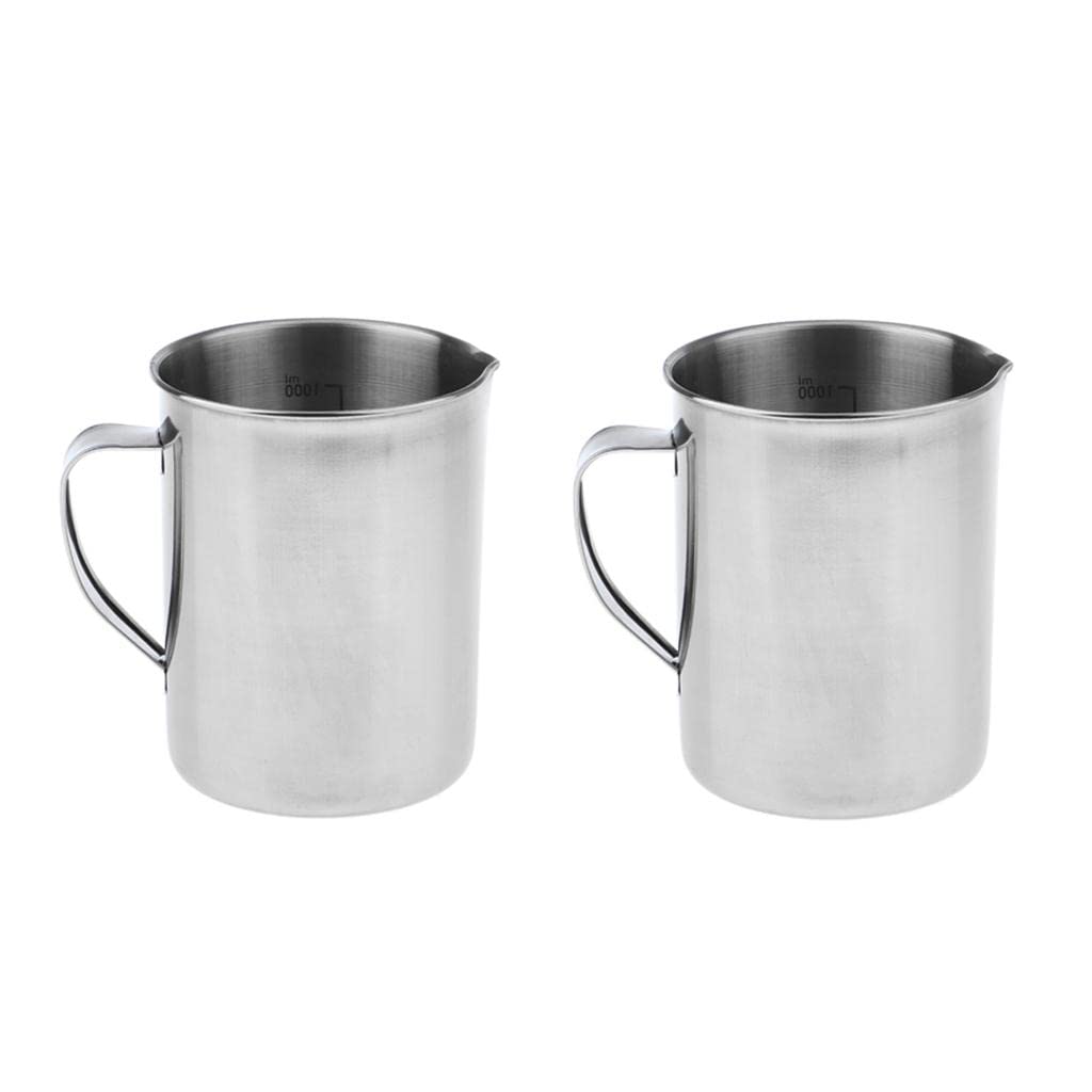 2 jarritas de espuma de leche de acero inoxidable, 1000 ml, color plateado, taza medidora de café