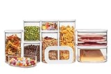 CAPACIDAD Y DIMENSIONES: El juego de contenedores consta de 9 piezas. Caja de queso y de 3 piezas, 1x 2000, 2x 1500, 2x 1000 y 2x 425 ml . Los tamaños de los recipientes se adaptan al envasado de alimentos secos comunes