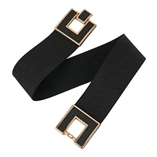 Bsllnek Women's Stretchy Waist Belt Vintage Retro Elastic Cinch Belts Waistband For Dresses (Black+Gold Buckle, Suit For Waist Size 27"-35") #TOP4
