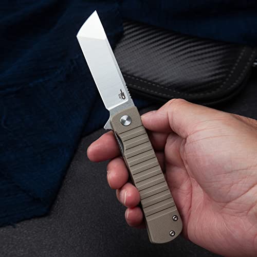 Bestech Knives Tanto Folding Pocket Knife: 2.96" D2 Steel Stain Stonewashed Blade, G10 Handle, Flipper Liner Lock, Deep Carry Clip (Bg49A-2 Beige) #TOP4
