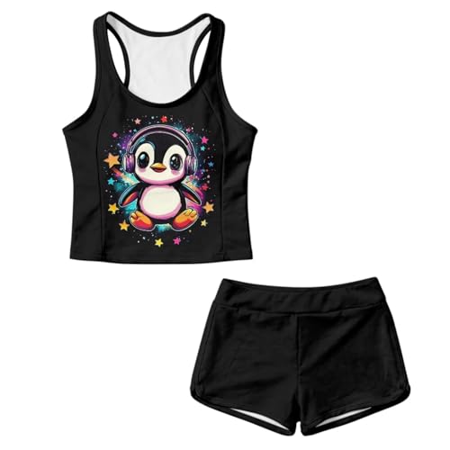 Luarisgur Penguin Two Piece Swimsuit for Girls Tankini Crew Neck Tank Tops Fashion Bottoms Lightweight Bathing Suits Size 10-12 Quick Dry Swimsuits for Summer Vacation Beach Pool Party