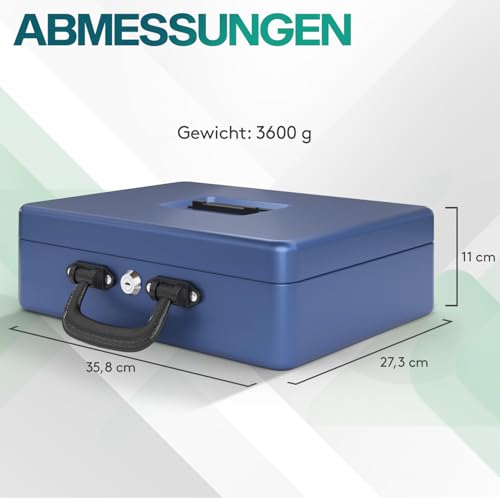 ACROPAQ Geldkassette abschließbar groß - (35,8 x 27,3 x 11 cm), Kasse mit Münzzählbrett, Premium Gehäuse, Mit 2 enthaltenen Schlüsseln, Blau - Geld Kassette zum Abschließen, Geldkasse, Kassa Box