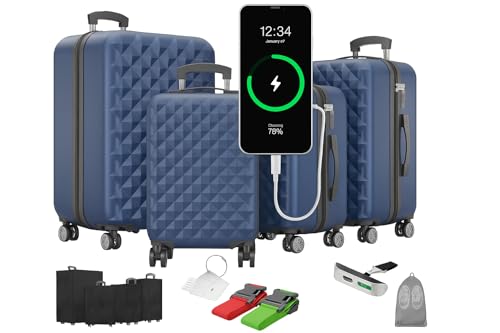 Onbest Premium Kofferset 4-TLG. – Hartschalenkoffer mit TSA-Lock, USB-Anschluss – 1x Kofferwaage, 2X Koffergurt, 4X Adresshänger, 1x Getränkehalter, 1x Schuhbeutel, 4X Staubschutzhüllen Onbest Premium Kofferset 4-TLG. – Hartschalenkoffer mit TSA-Lock, USB-Anschluss – 1x Kofferwaage, 2X Koffergurt, 4X Adresshänger, 1x Getränkehalter, 1x Schuhbeutel, 4X Staubschutzhüllen