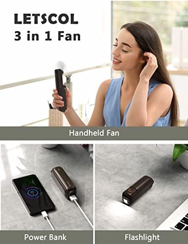 LETSCOL Handheld Mini Fan, 3 in 1 Hand Held Fan, Portable Travel Fan, Small Foldable Pocket Fan, Personal Desk Fan with Power Bank, Flashlight for Adults Women Makeup (Brown)