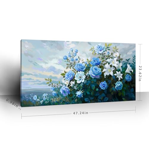 NiceTop 48x24 Inch Large Floral Canvas Wall Art, Waterproof Moisture Resistant Blue Rose White Lily Modern Botanical Artwork with Hanging Kit, Abstract Aesthetic Wrapped Canvas Print for Living Room, Bedroom, Bathroom, Boho Farmhouse Home Decor — view 3